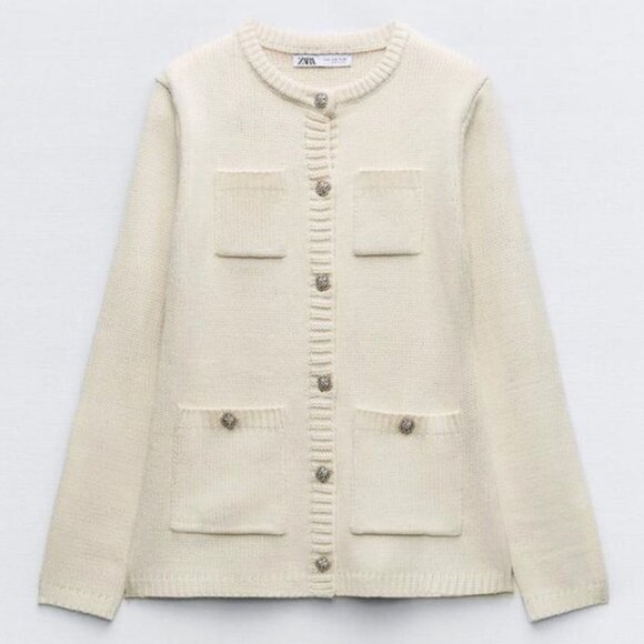 ZARA WOMEN ECRU PADDED SHOULDERS KNIT CARDIGAN SIZE S or XL NWT - Picture 1 of 11